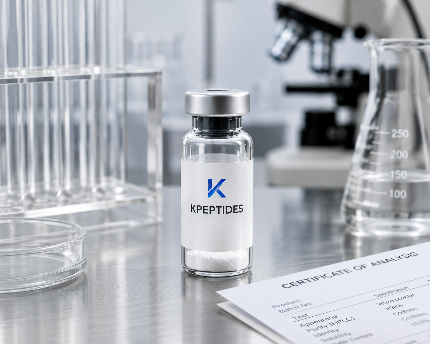KPeptides branded research vial beside a microscope and certificate of analysis on a laboratory bench