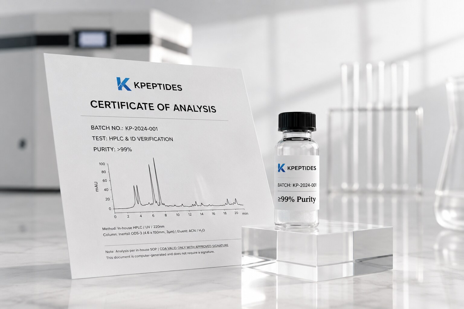 Certificate of analysis document beside a labelled research vial
