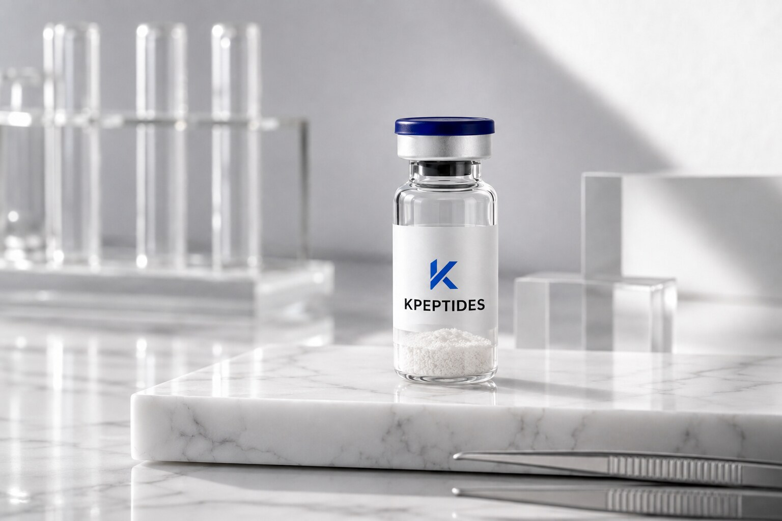 Glass research vial containing white lyophilised peptide powder on a white marble surface